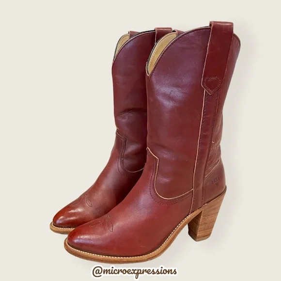 1990’s Frye Vintage Leather Pull On Red Cognac Heeled Cowboy Western Cute Bootie - Picture 7 of 13